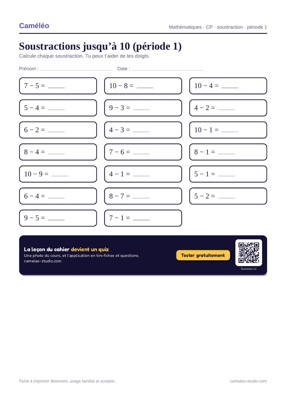 Exercices à imprimer : Soustractions jusqu’à 10, CP