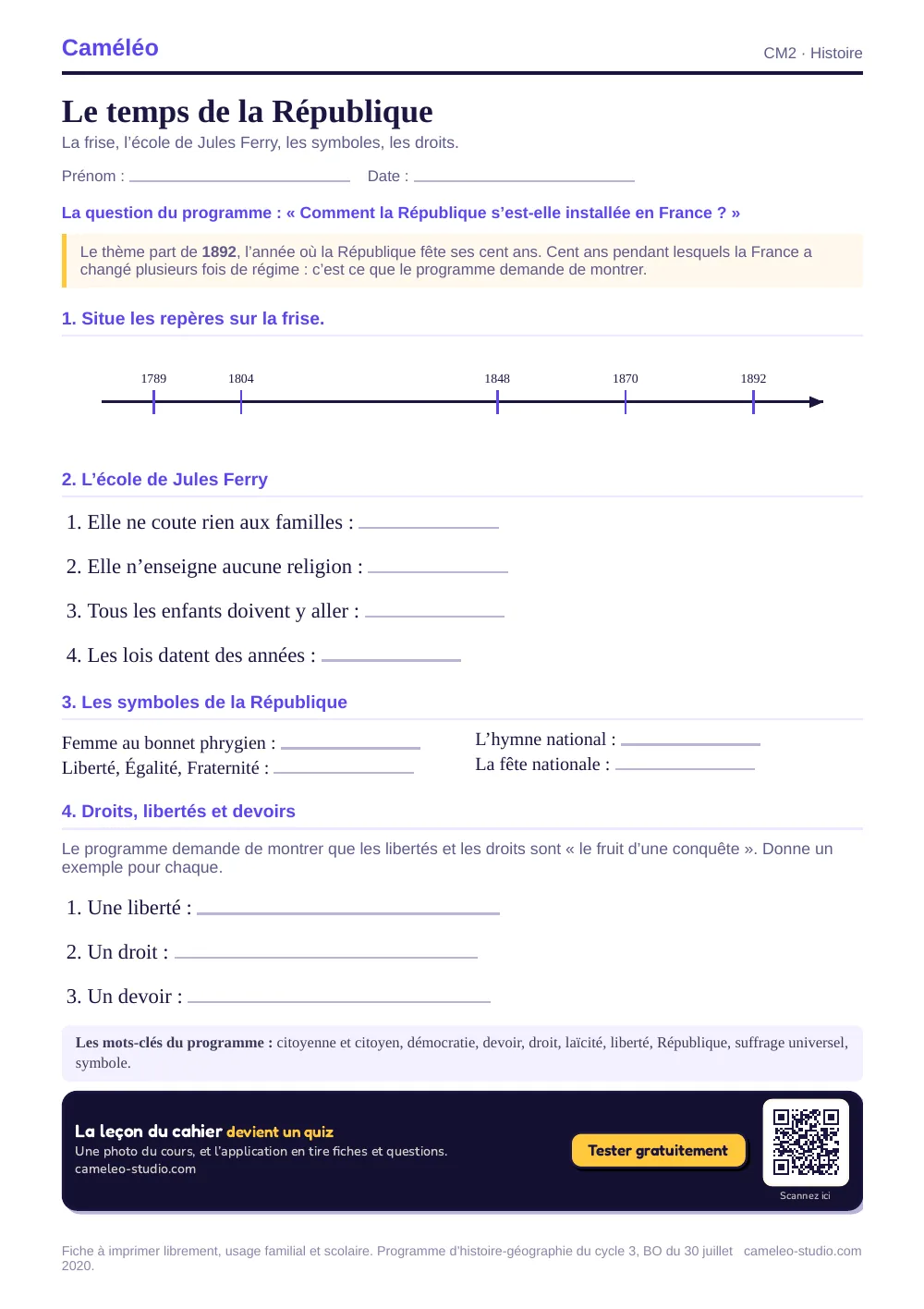 Exercices à imprimer : Le temps de la République, CM2