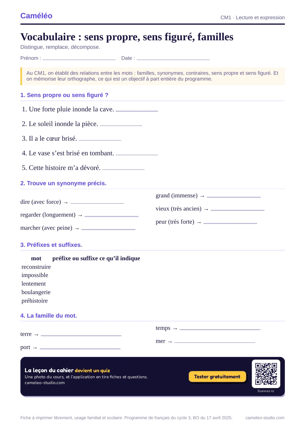 Exercices à imprimer : Vocabulaire : sens propre, sens figuré, familles, CM1