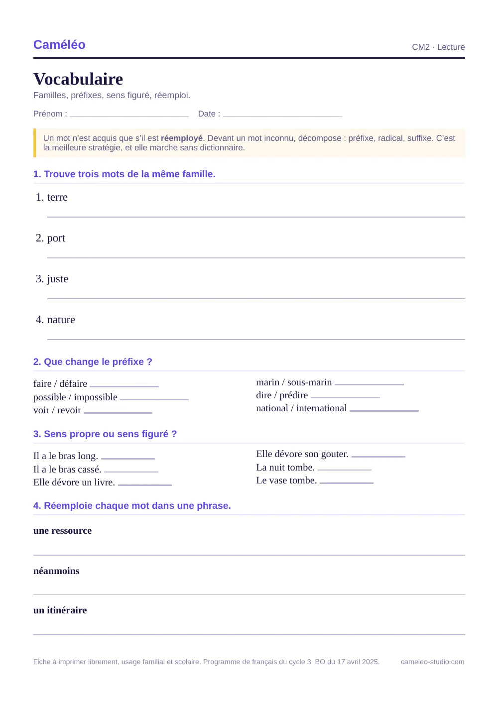 Exercices à imprimer : Vocabulaire CM2