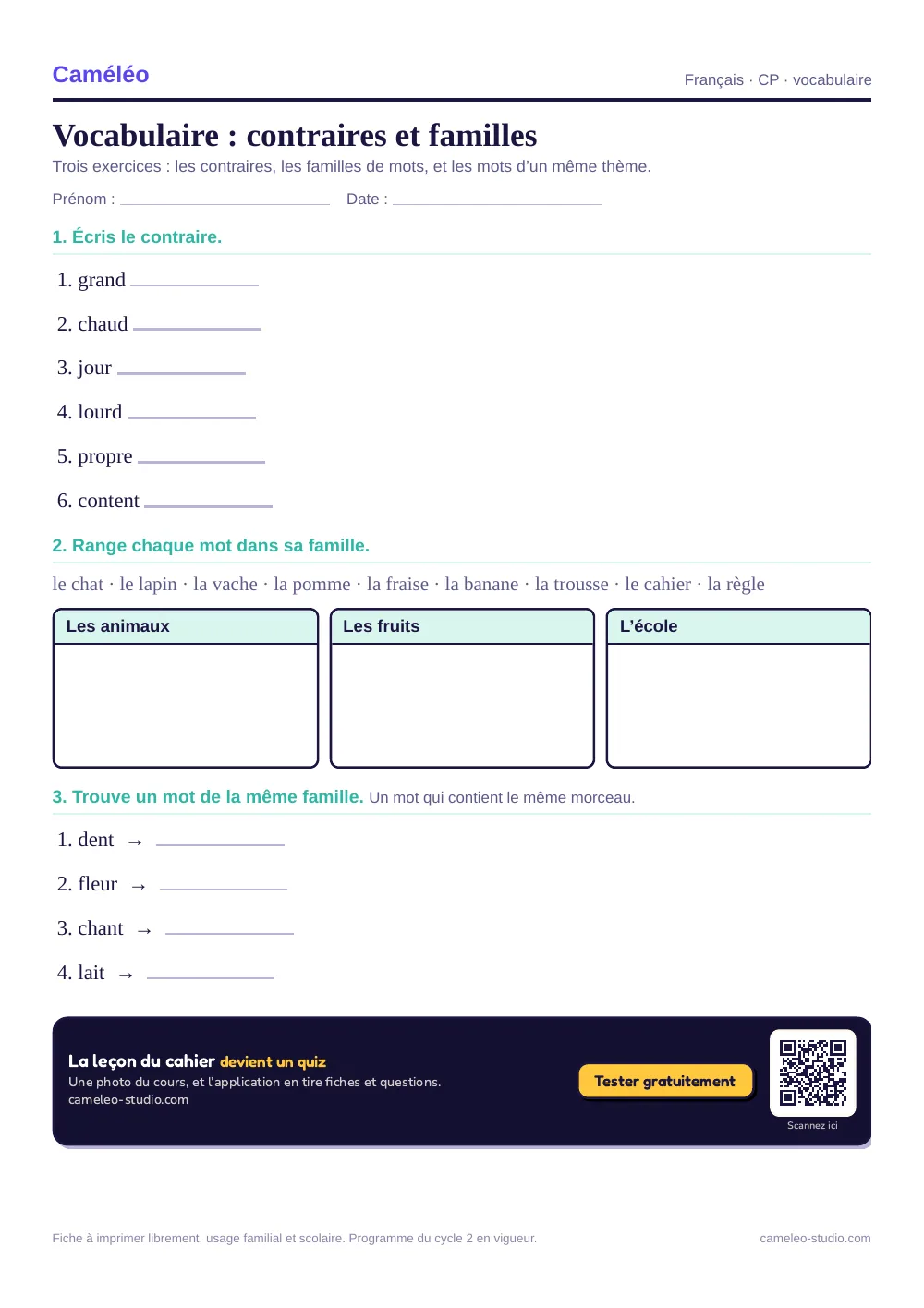 Exercices à imprimer : Vocabulaire : contraires et familles, CP