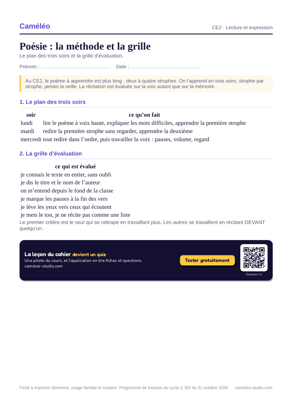 Fiche à imprimer : Poésie CE2 : méthode et grille