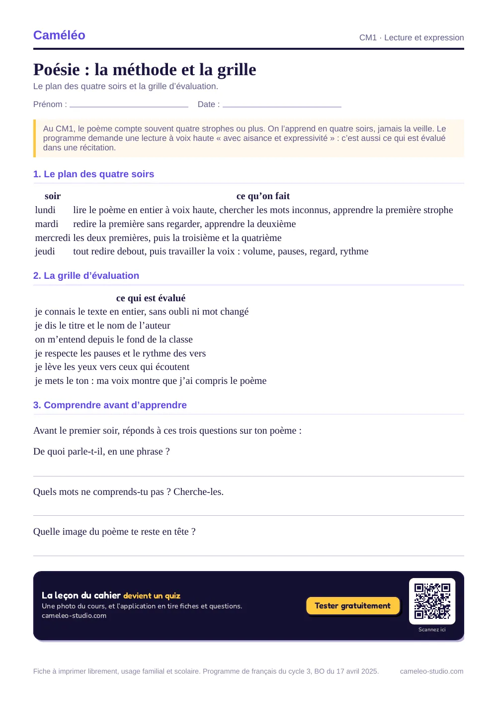 Fiche à imprimer : Poésie CM1 : méthode et grille