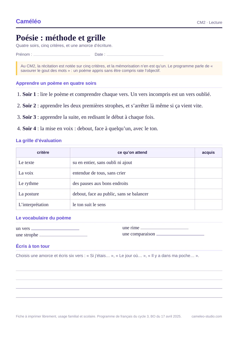 Fiche à imprimer : Poésie CM2 : méthode et grille