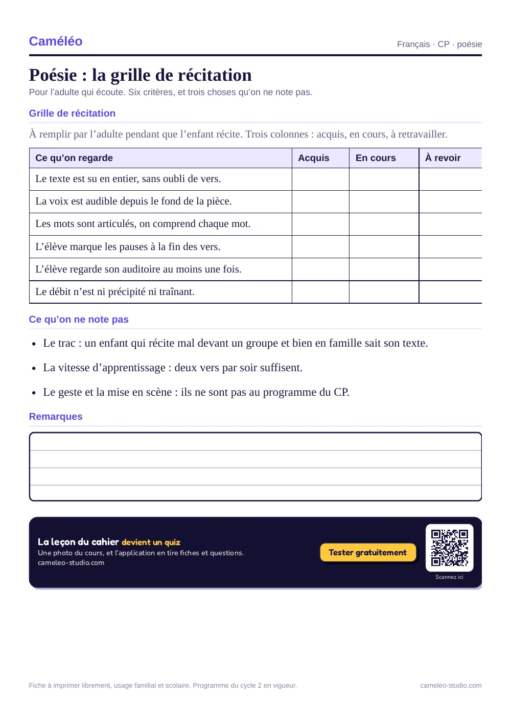 Fiche à imprimer : Poésie : la grille de récitation, CP