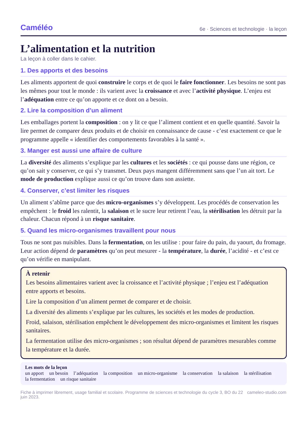 La leçon à imprimer : La leçon à coller dans le cahier, 6e