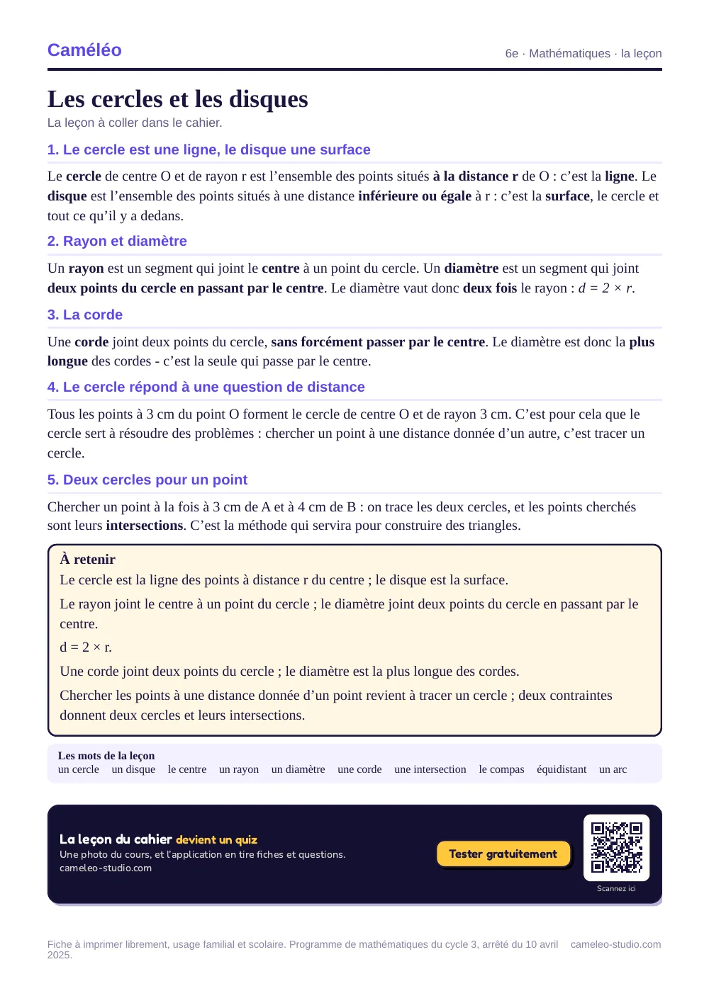 La leçon à imprimer : La leçon à coller dans le cahier, 6e