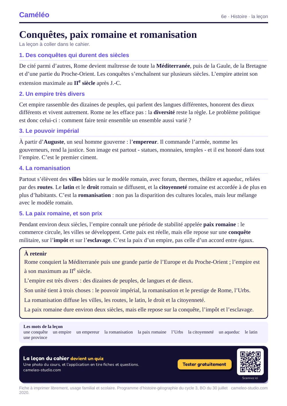 La leçon à imprimer : La leçon à coller dans le cahier, 6e