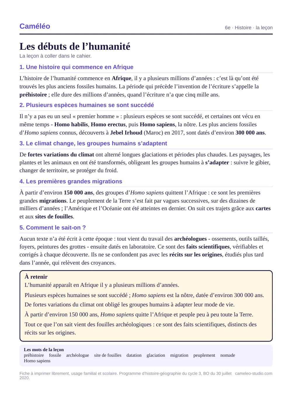 La leçon à imprimer : La leçon à coller dans le cahier, 6e