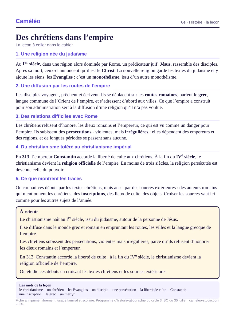 La leçon à imprimer : La leçon à coller dans le cahier, 6e