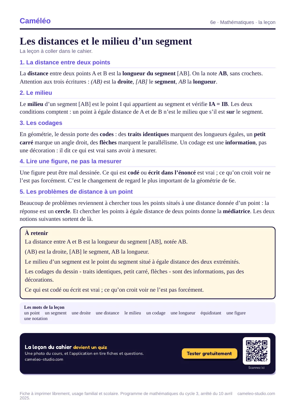 La leçon à imprimer : La leçon à coller dans le cahier, 6e