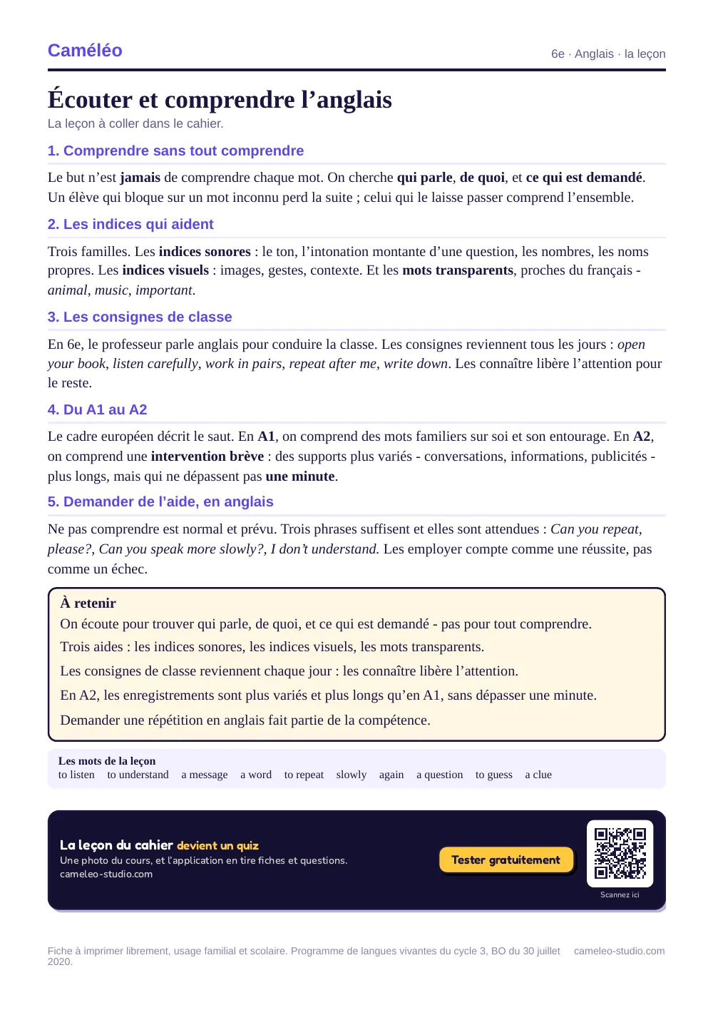 La leçon à imprimer : La leçon à coller dans le cahier, 6e
