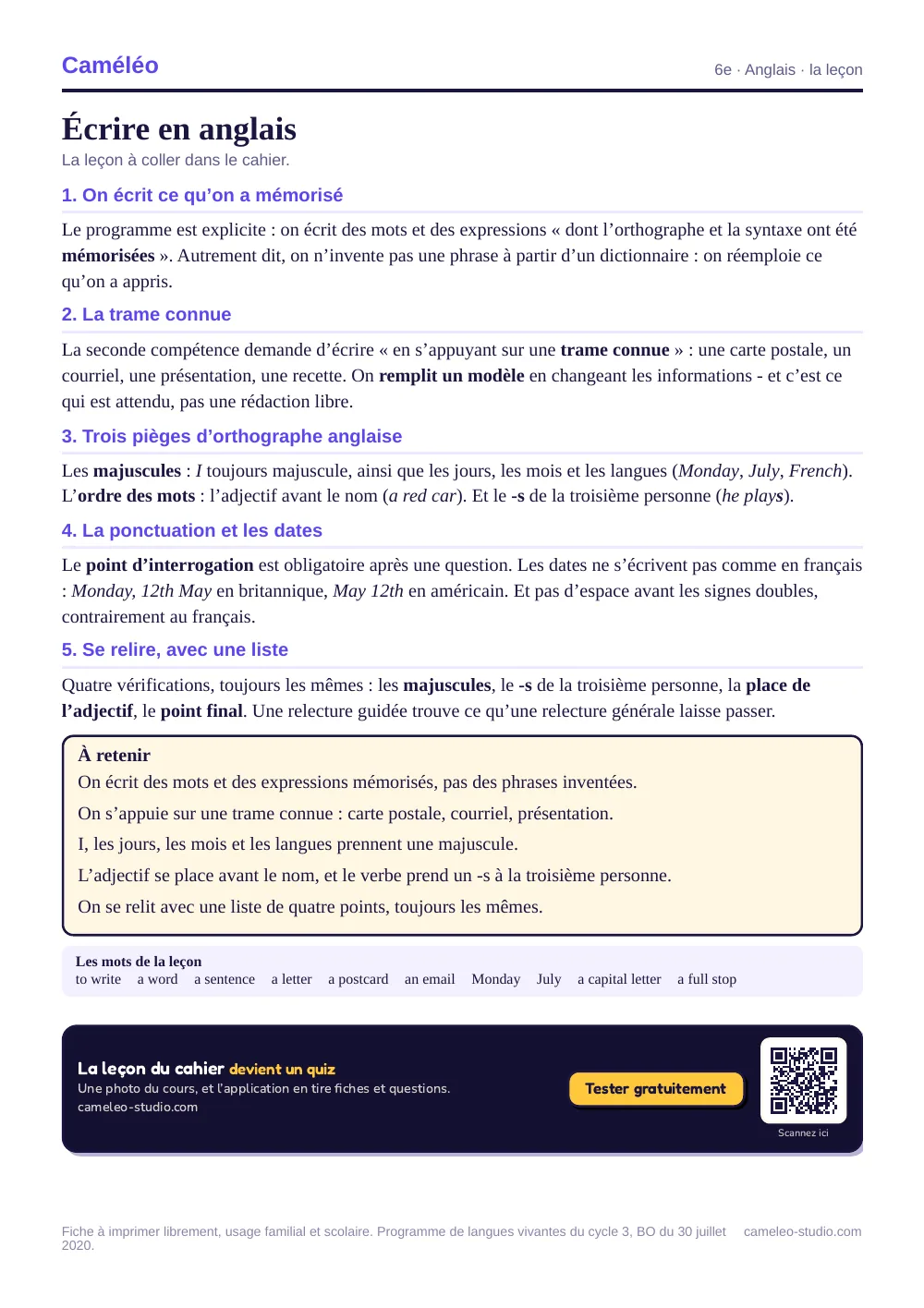 La leçon à imprimer : La leçon à coller dans le cahier, 6e