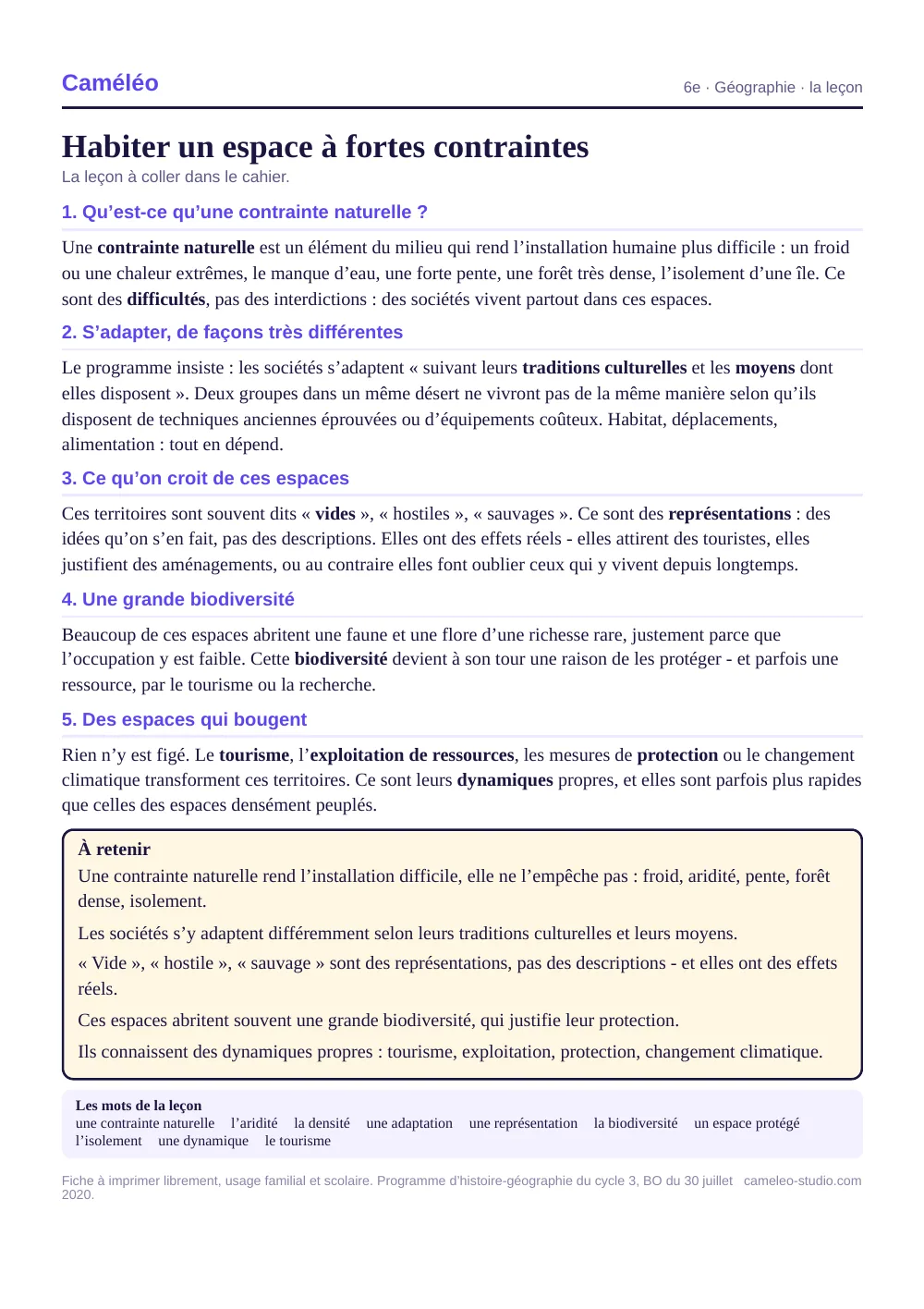La leçon à imprimer : La leçon à coller dans le cahier, 6e