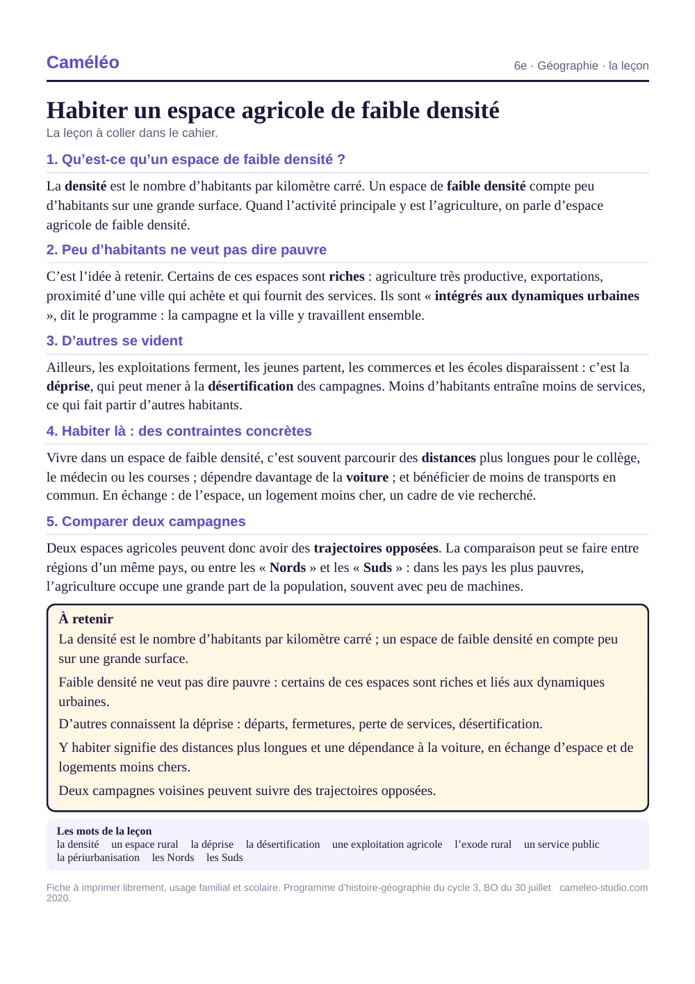 La leçon à imprimer : La leçon à coller dans le cahier, 6e
