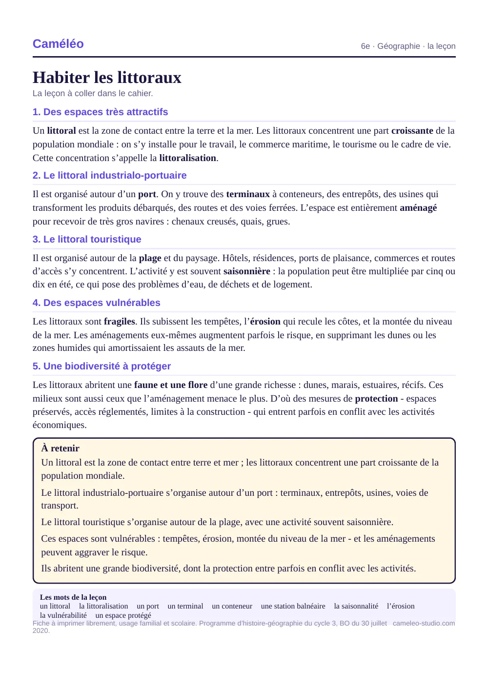 La leçon à imprimer : La leçon à coller dans le cahier, 6e