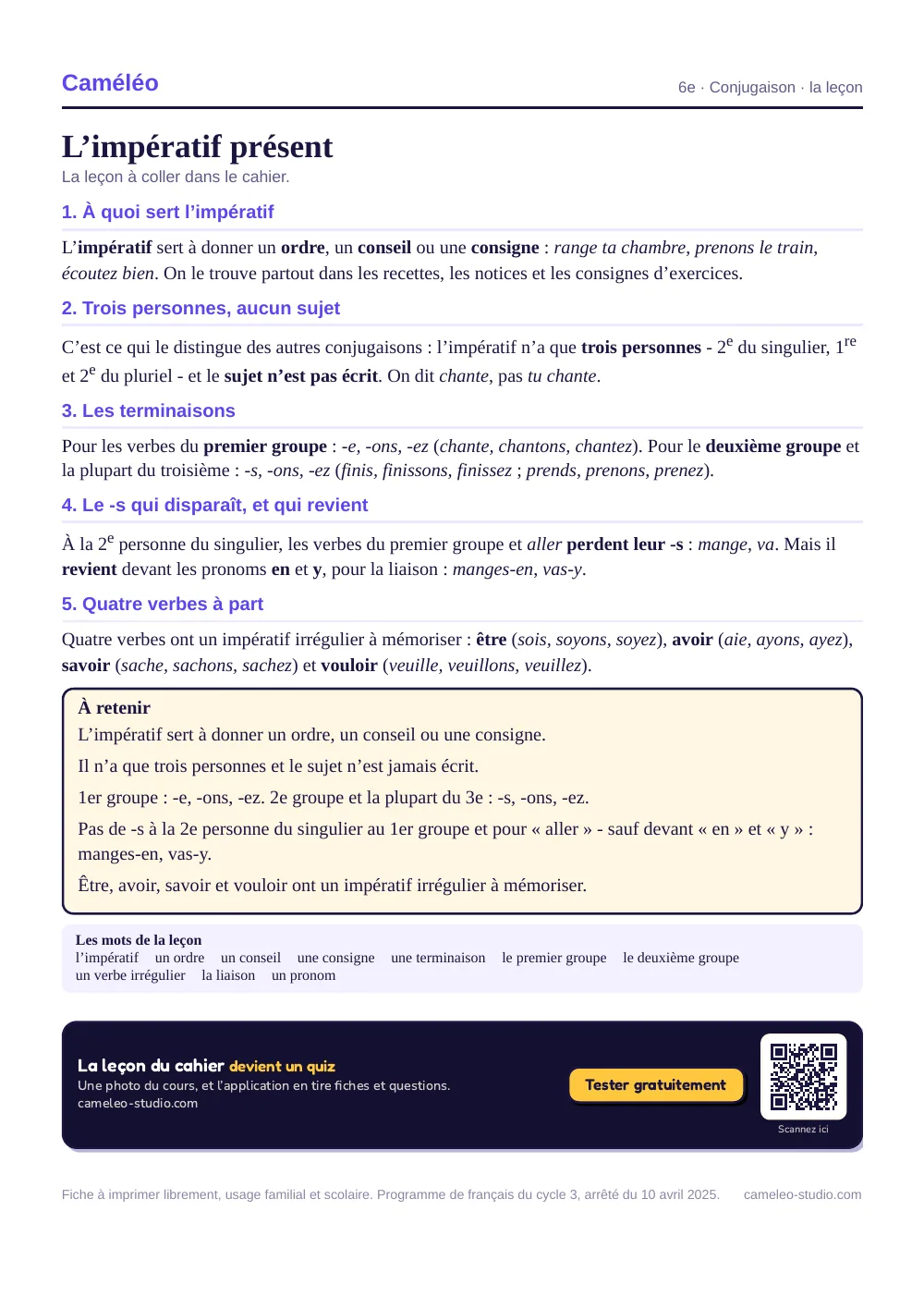 La leçon à imprimer : La leçon à coller dans le cahier, 6e