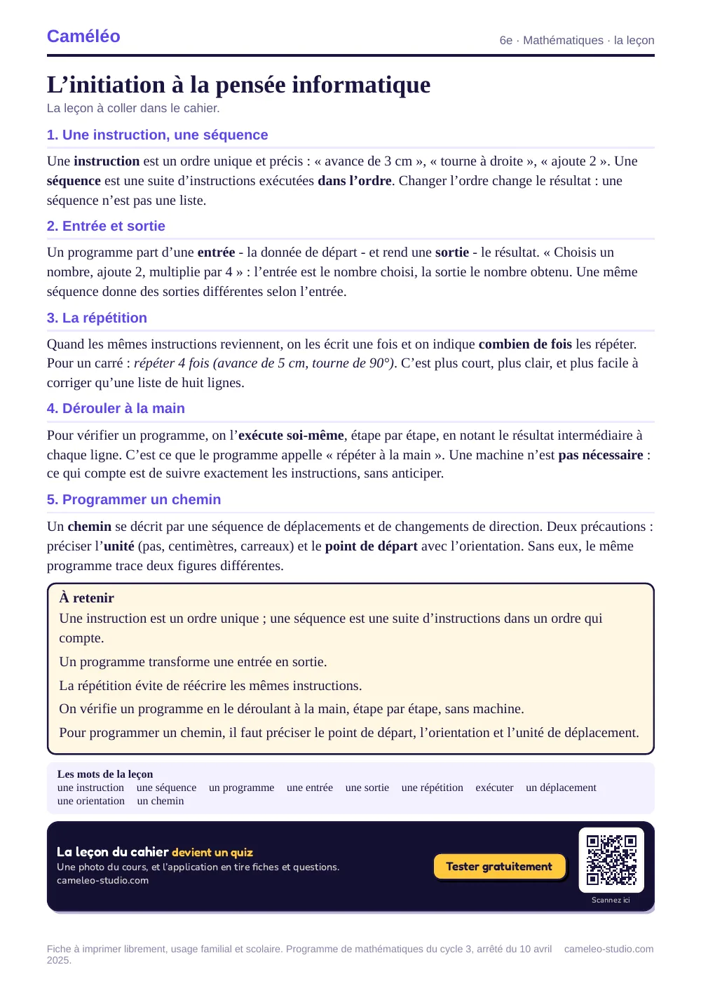 La leçon à imprimer : La leçon à coller dans le cahier, 6e