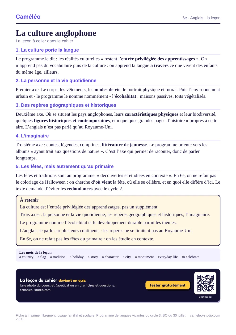 La leçon à imprimer : La leçon à coller dans le cahier, 6e