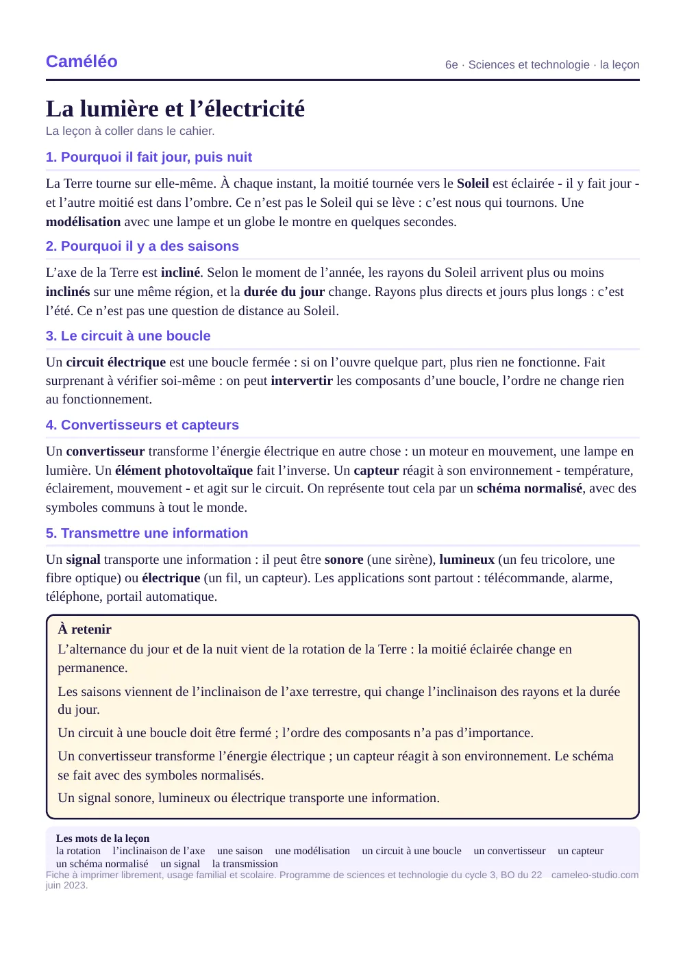 La leçon à imprimer : La leçon à coller dans le cahier, 6e