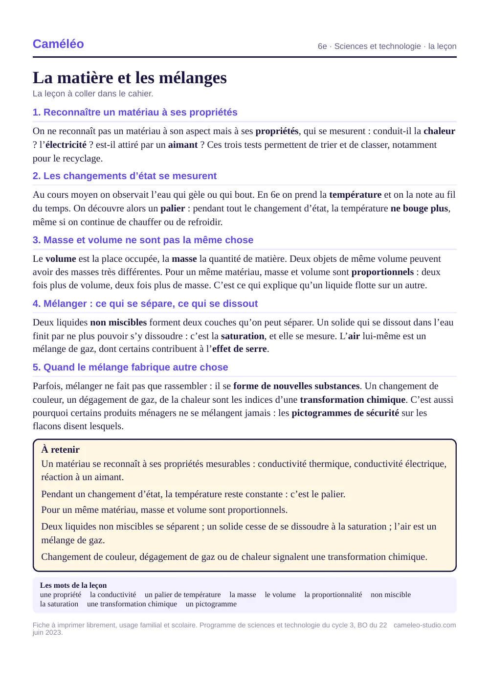 La leçon à imprimer : La leçon à coller dans le cahier, 6e