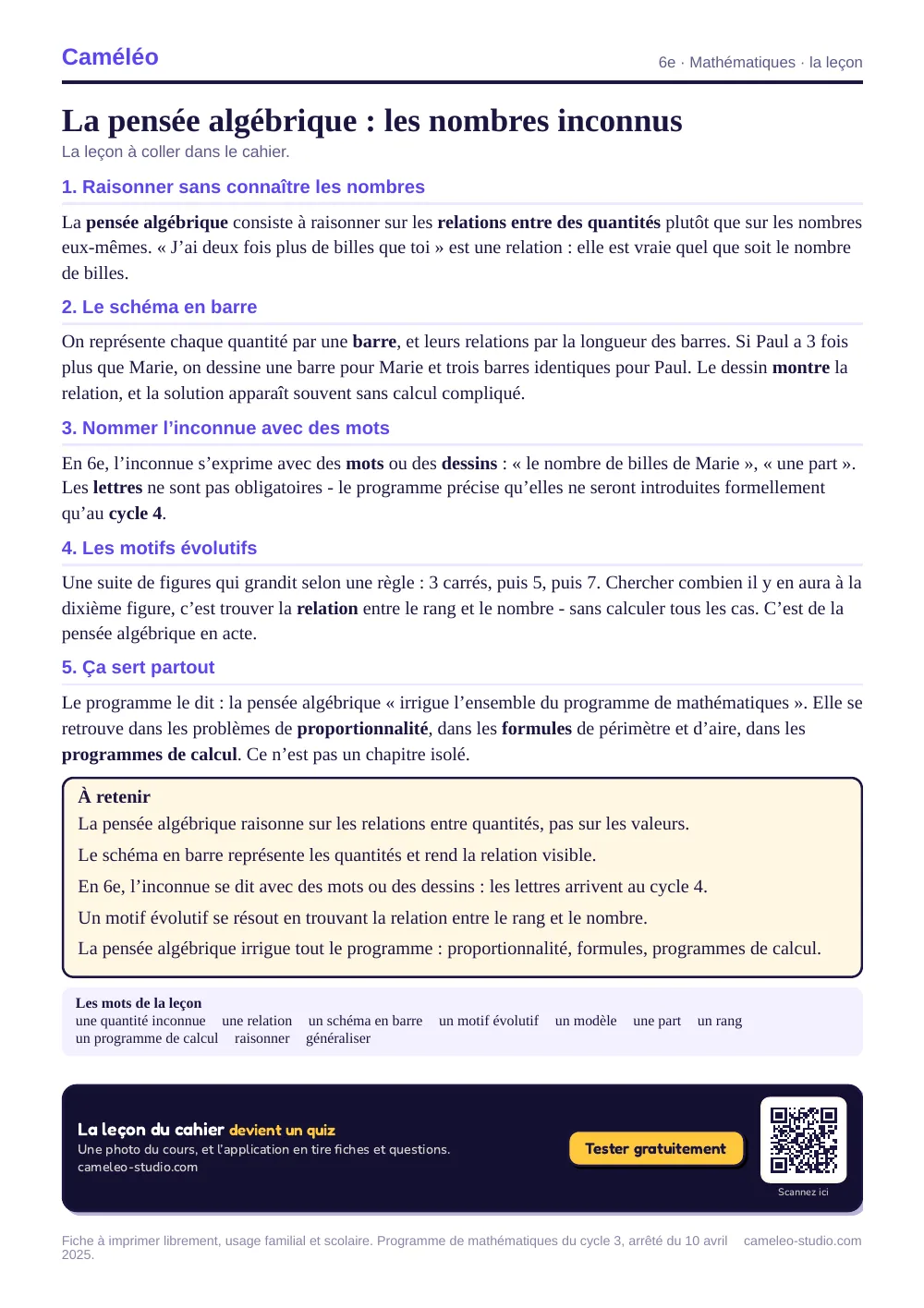 La leçon à imprimer : La leçon à coller dans le cahier, 6e