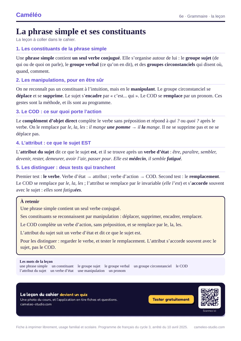 La leçon à imprimer : La leçon à coller dans le cahier, 6e