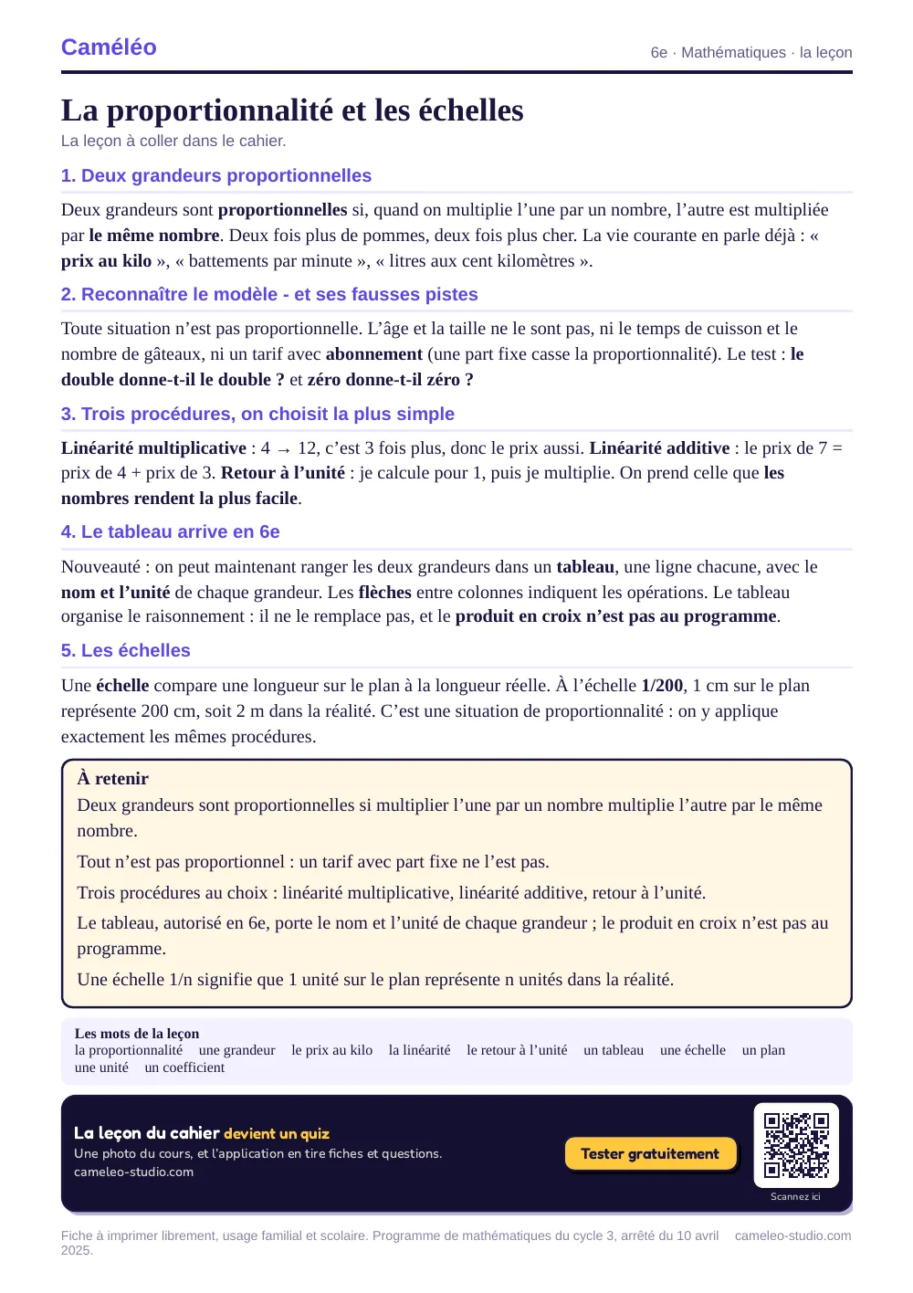 La leçon à imprimer : La leçon à coller dans le cahier, 6e
