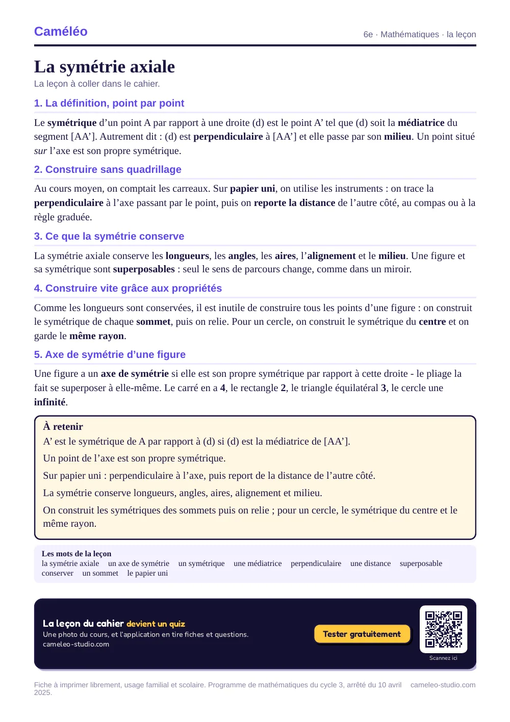La leçon à imprimer : La leçon à coller dans le cahier, 6e