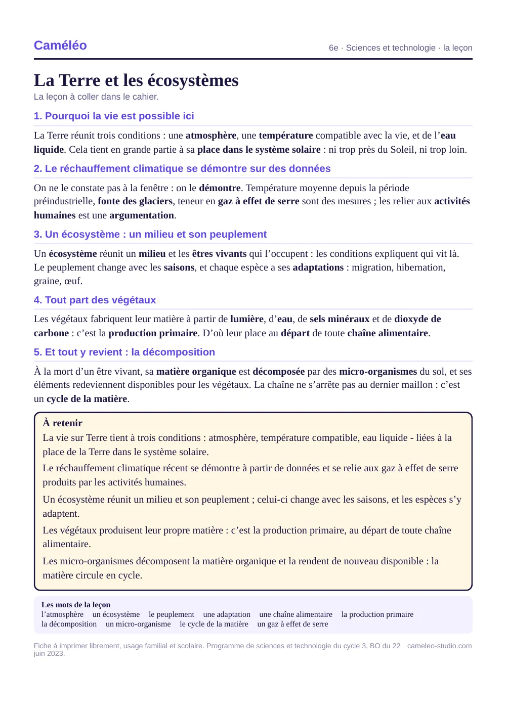 La leçon à imprimer : La leçon à coller dans le cahier, 6e