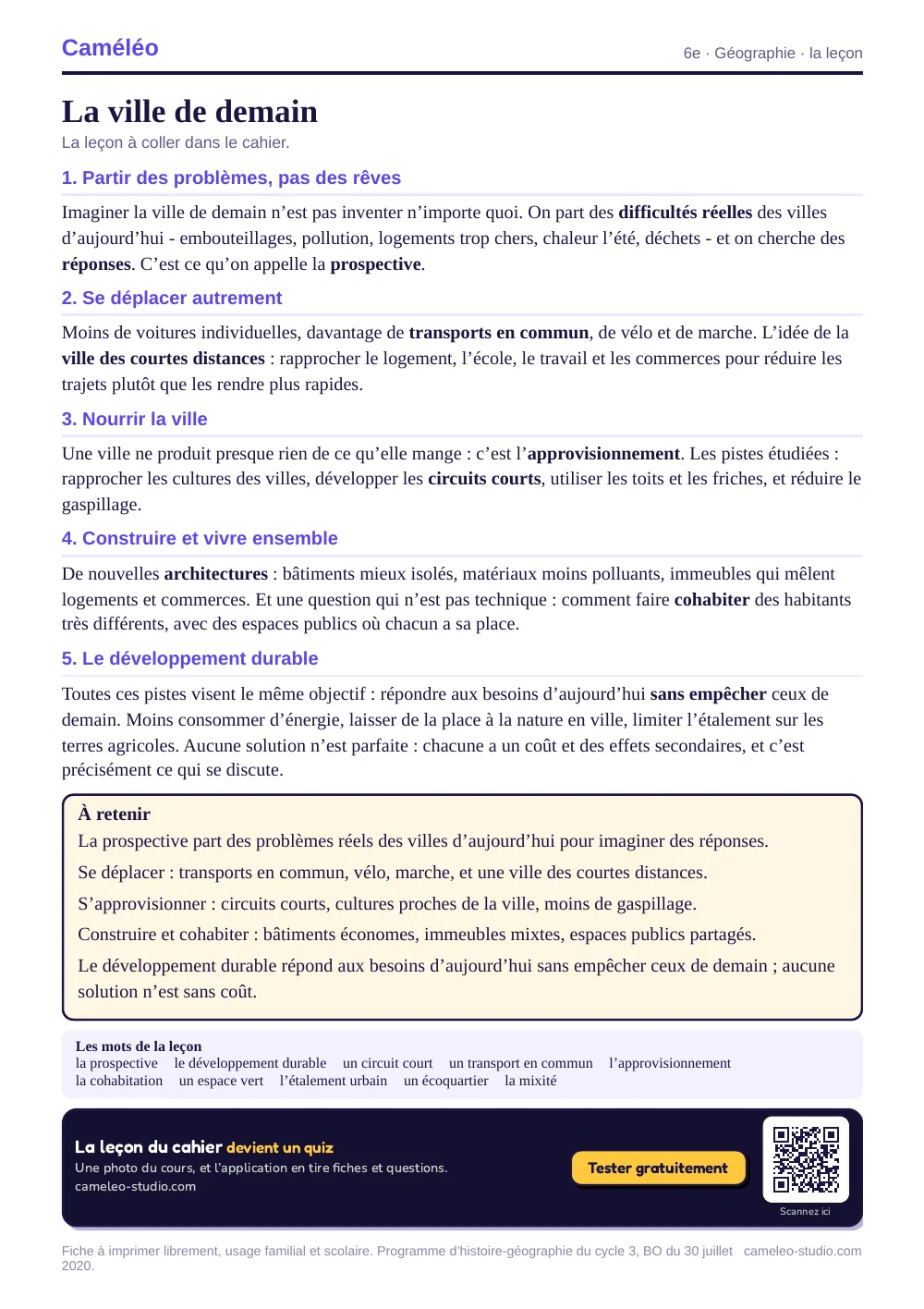 La leçon à imprimer : La leçon à coller dans le cahier, 6e
