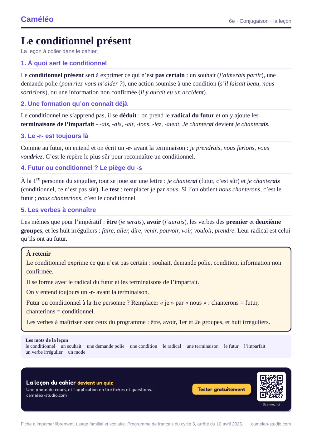 La leçon à imprimer : La leçon à coller dans le cahier, 6e