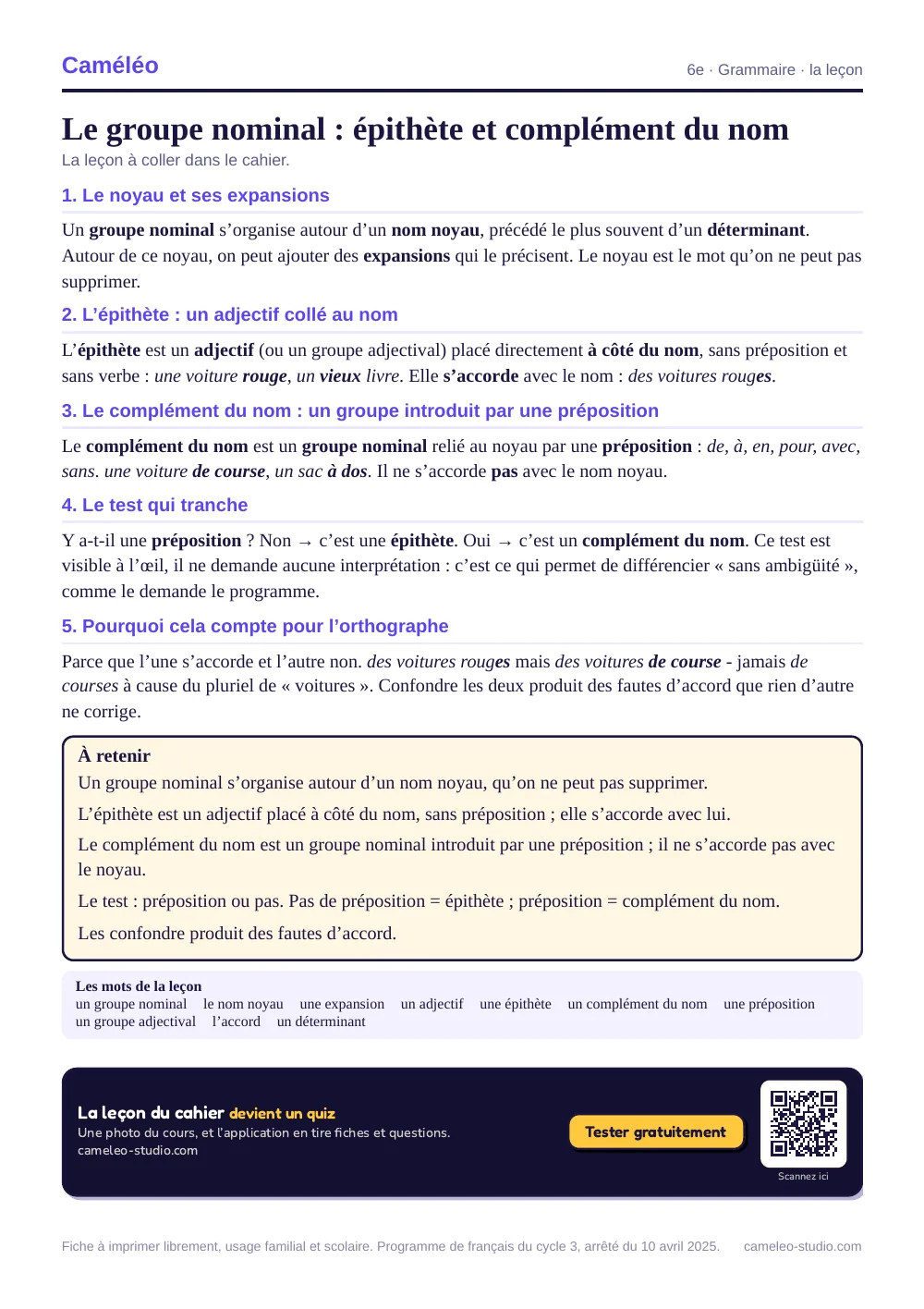 La leçon à imprimer : La leçon à coller dans le cahier, 6e