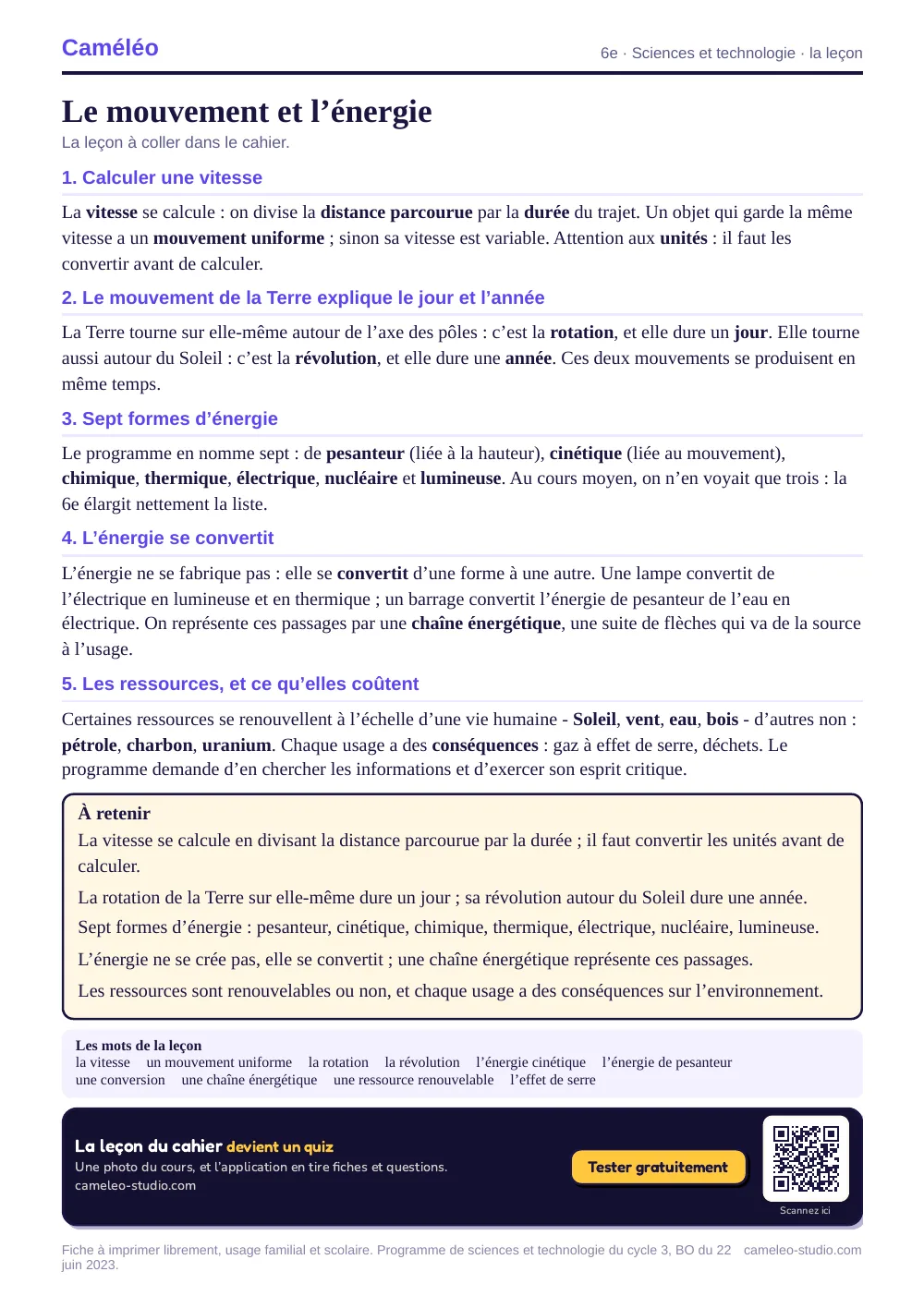 La leçon à imprimer : La leçon à coller dans le cahier, 6e