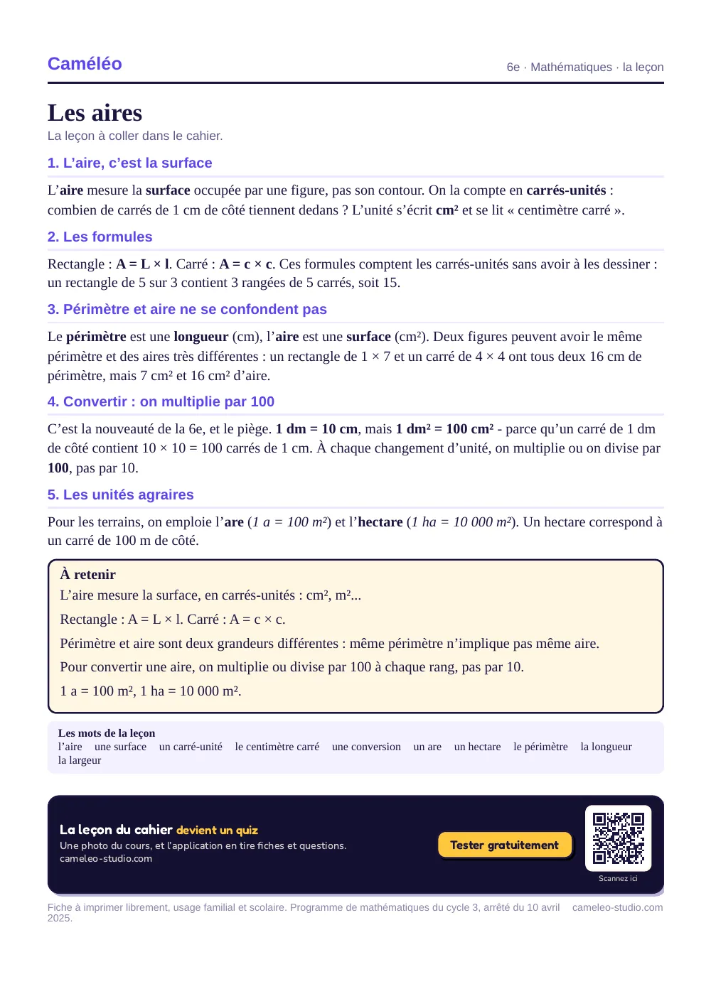 La leçon à imprimer : La leçon à coller dans le cahier, 6e