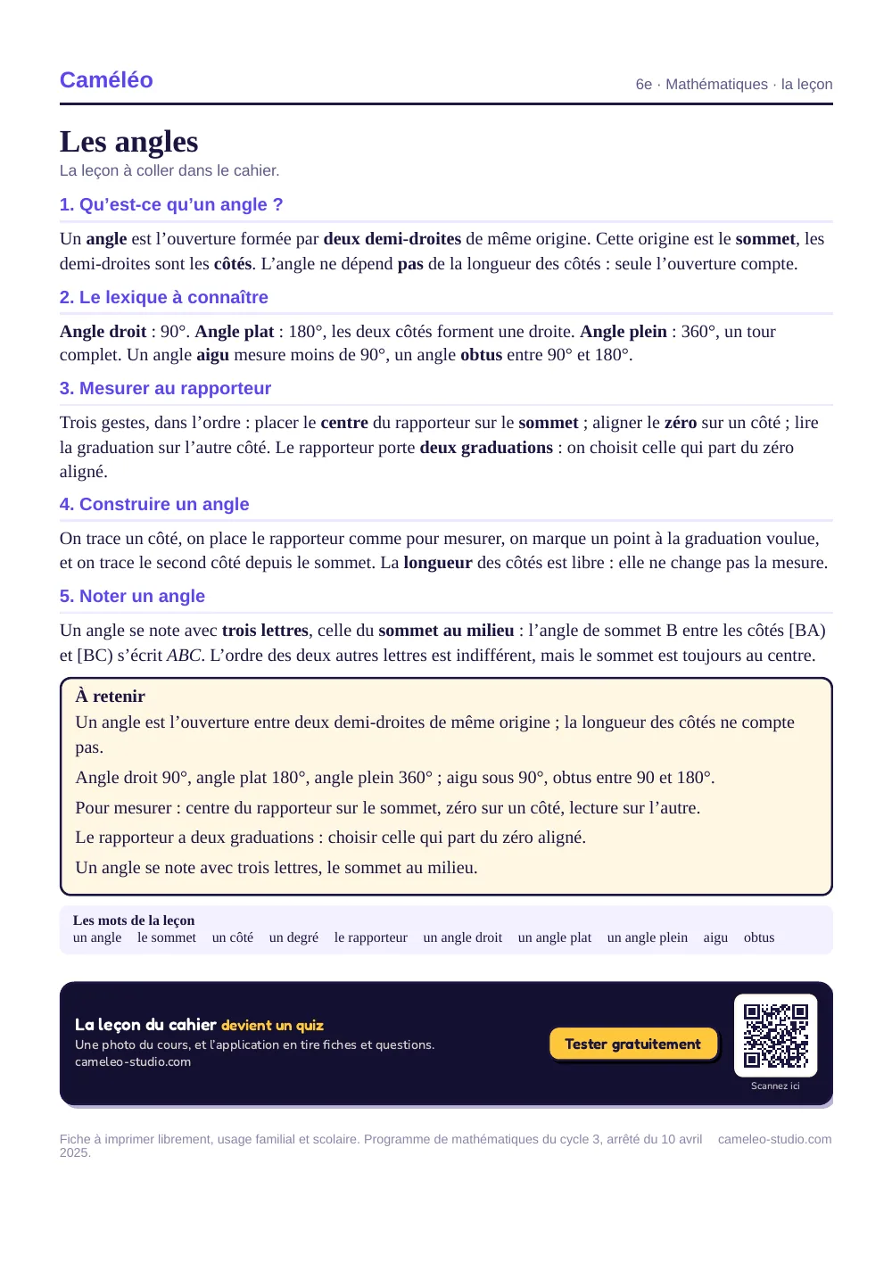 La leçon à imprimer : La leçon à coller dans le cahier, 6e