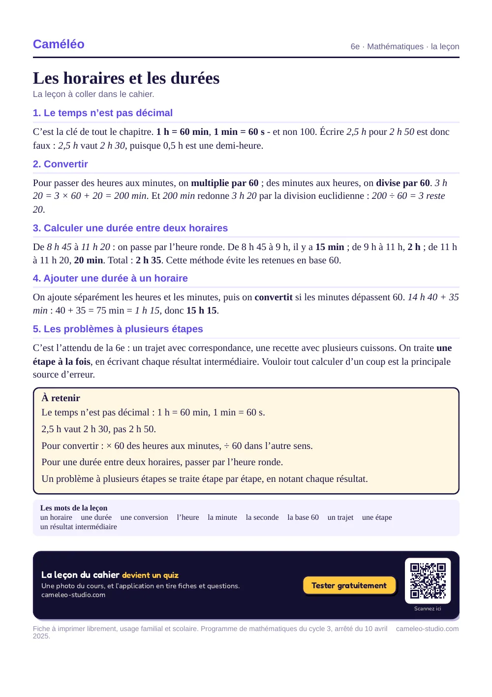 La leçon à imprimer : La leçon à coller dans le cahier, 6e