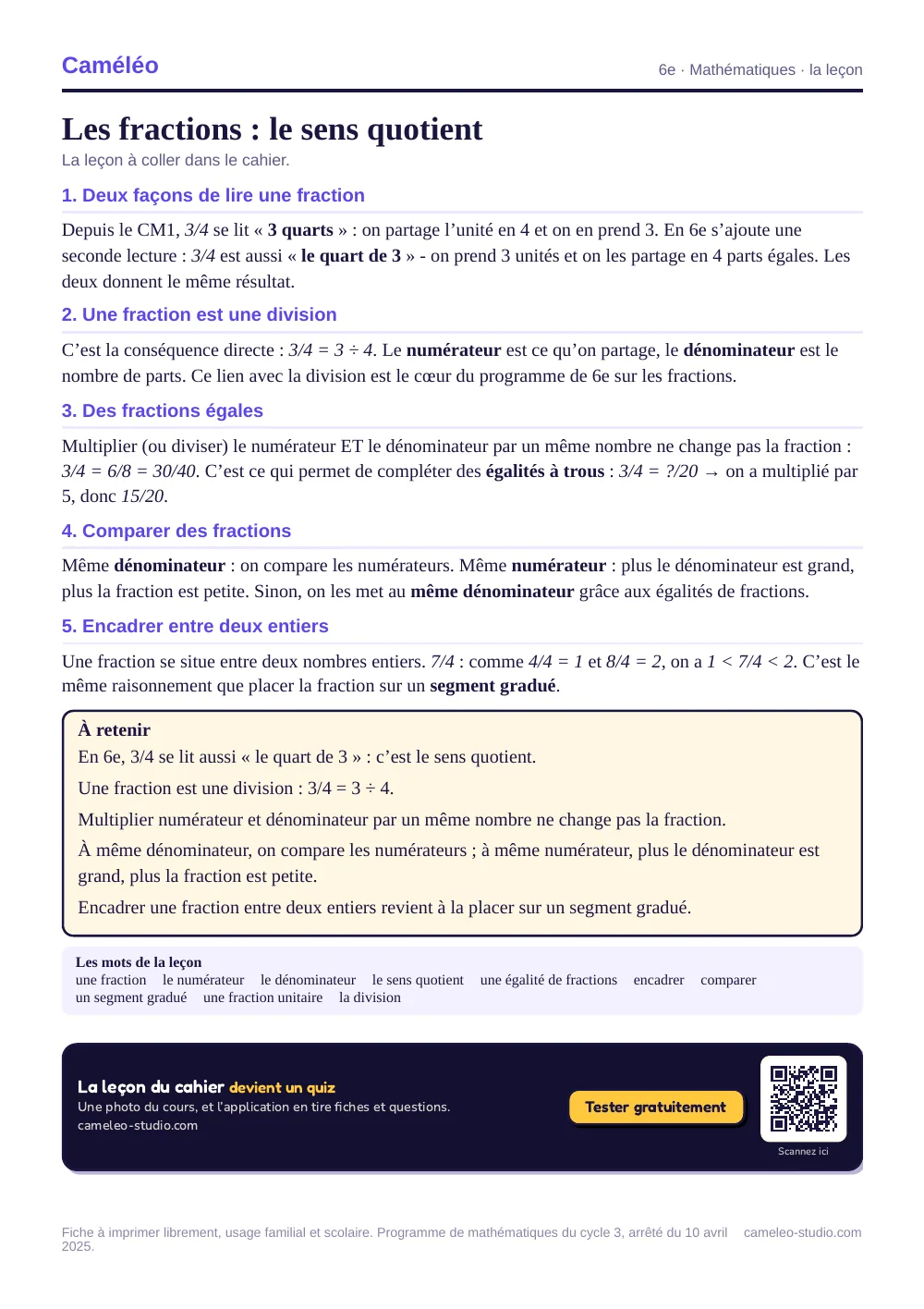 La leçon à imprimer : La leçon à coller dans le cahier, 6e