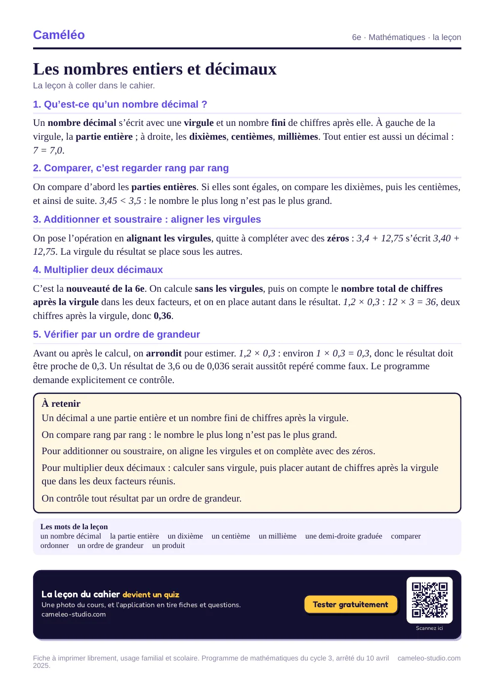 La leçon à imprimer : La leçon à coller dans le cahier, 6e