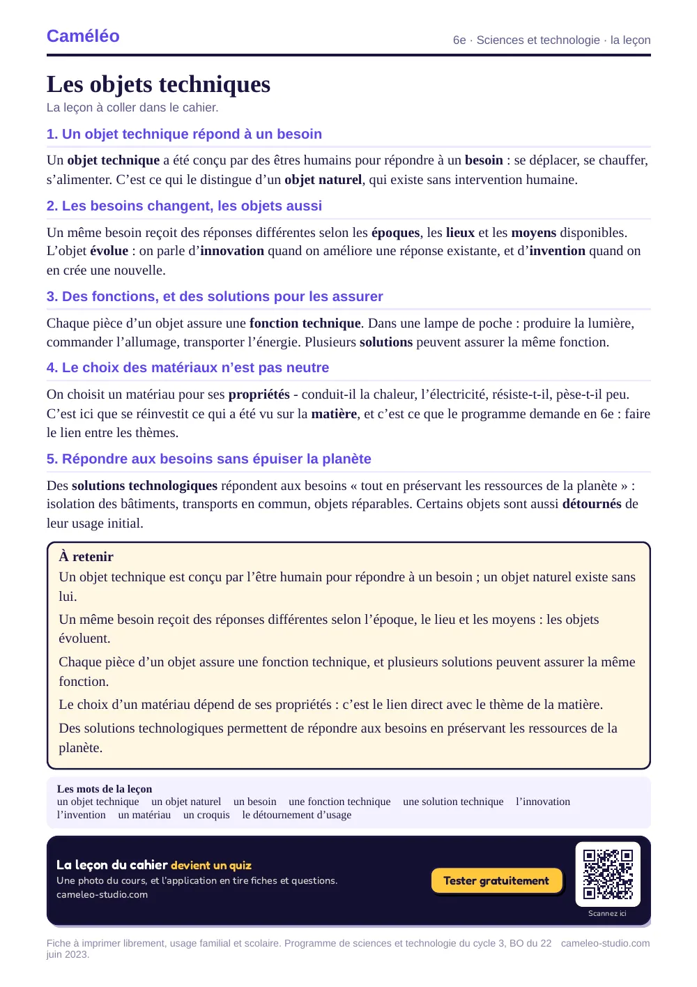 La leçon à imprimer : La leçon à coller dans le cahier, 6e