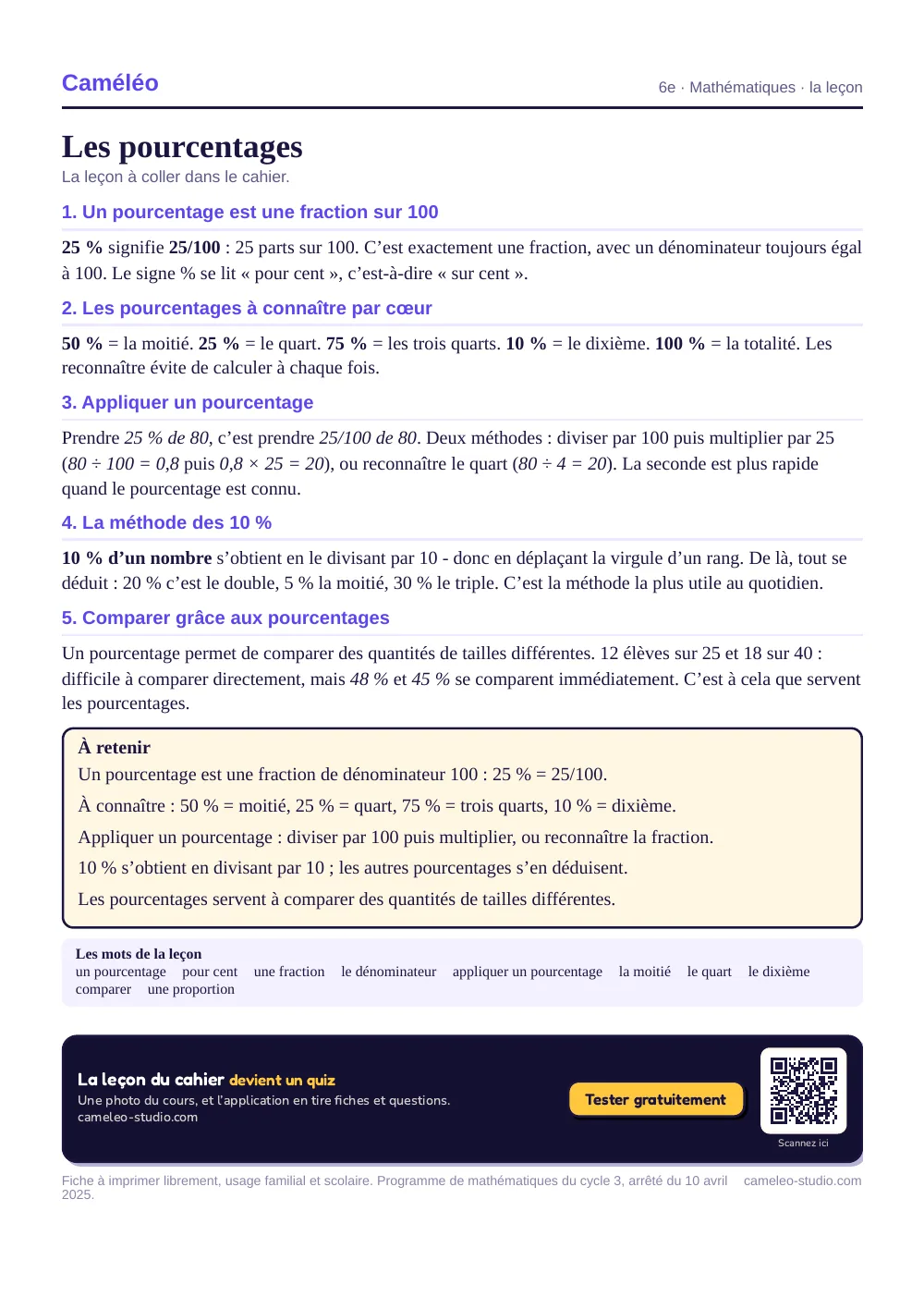 La leçon à imprimer : La leçon à coller dans le cahier, 6e