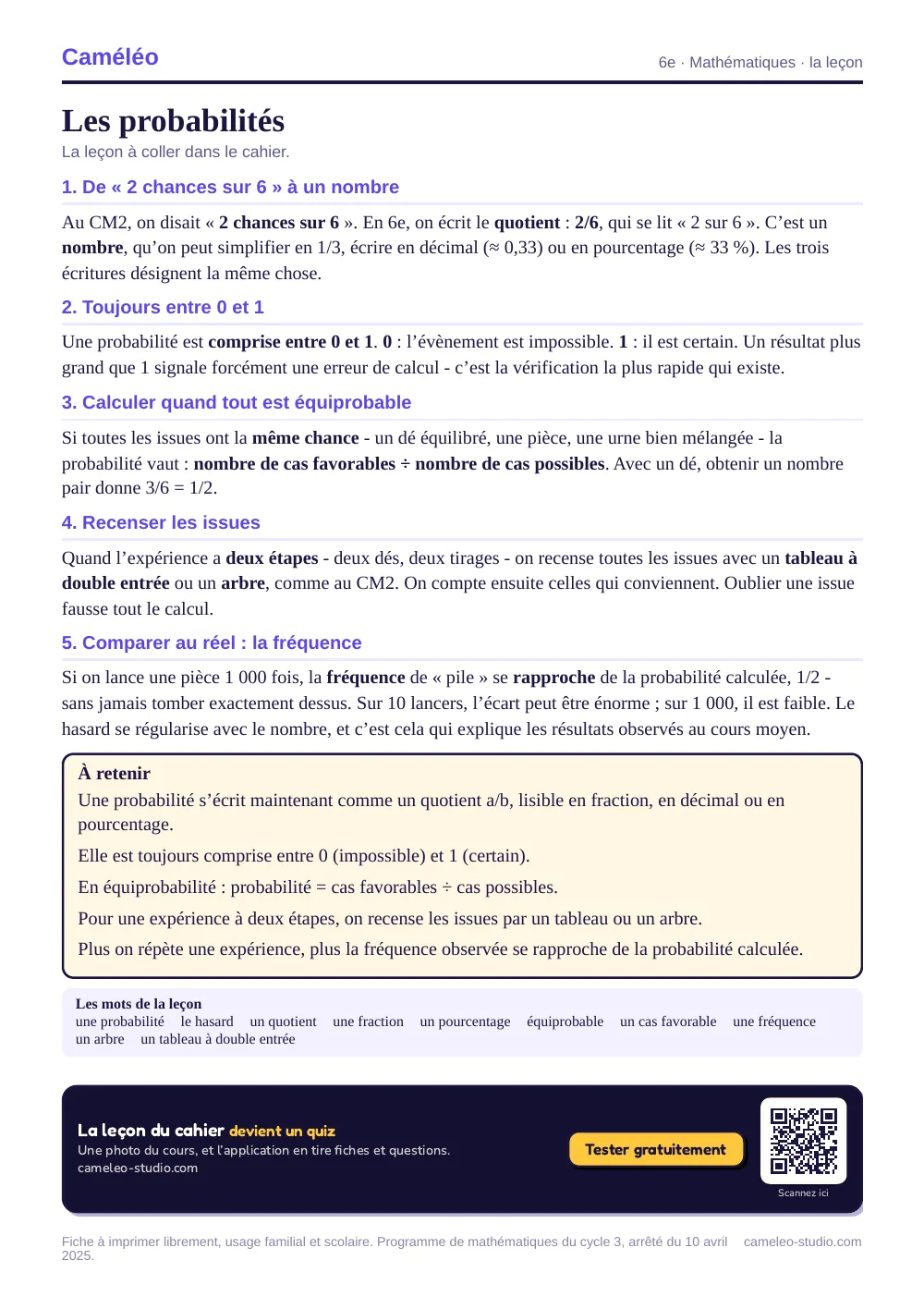 La leçon à imprimer : La leçon à coller dans le cahier, 6e