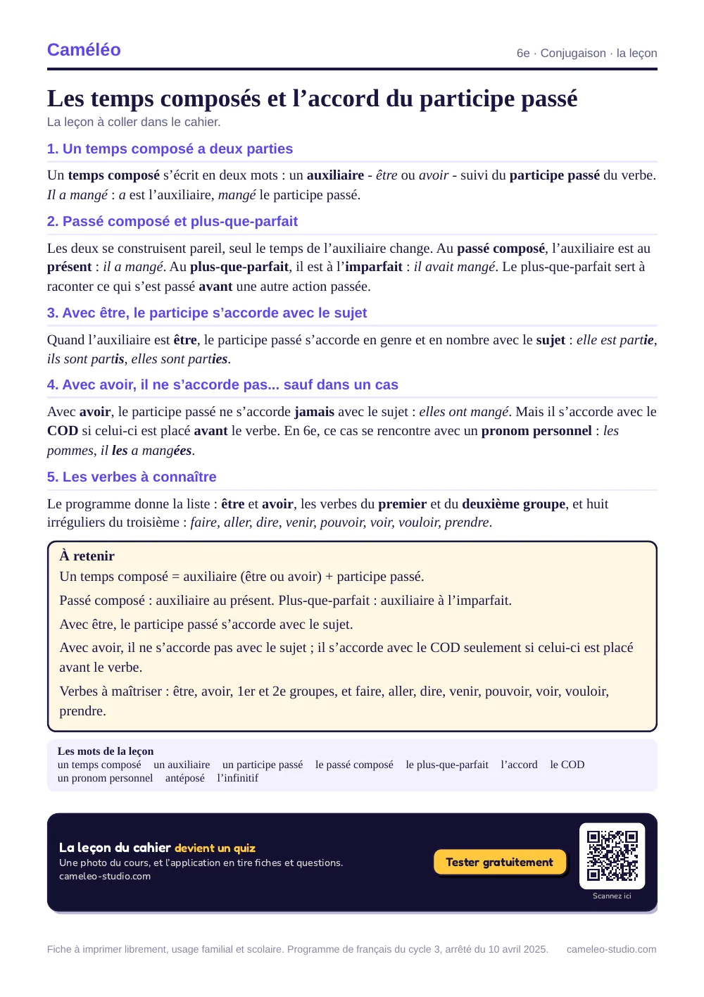 La leçon à imprimer : La leçon à coller dans le cahier, 6e