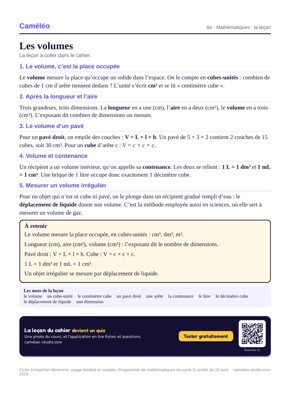La leçon à imprimer : La leçon à coller dans le cahier, 6e