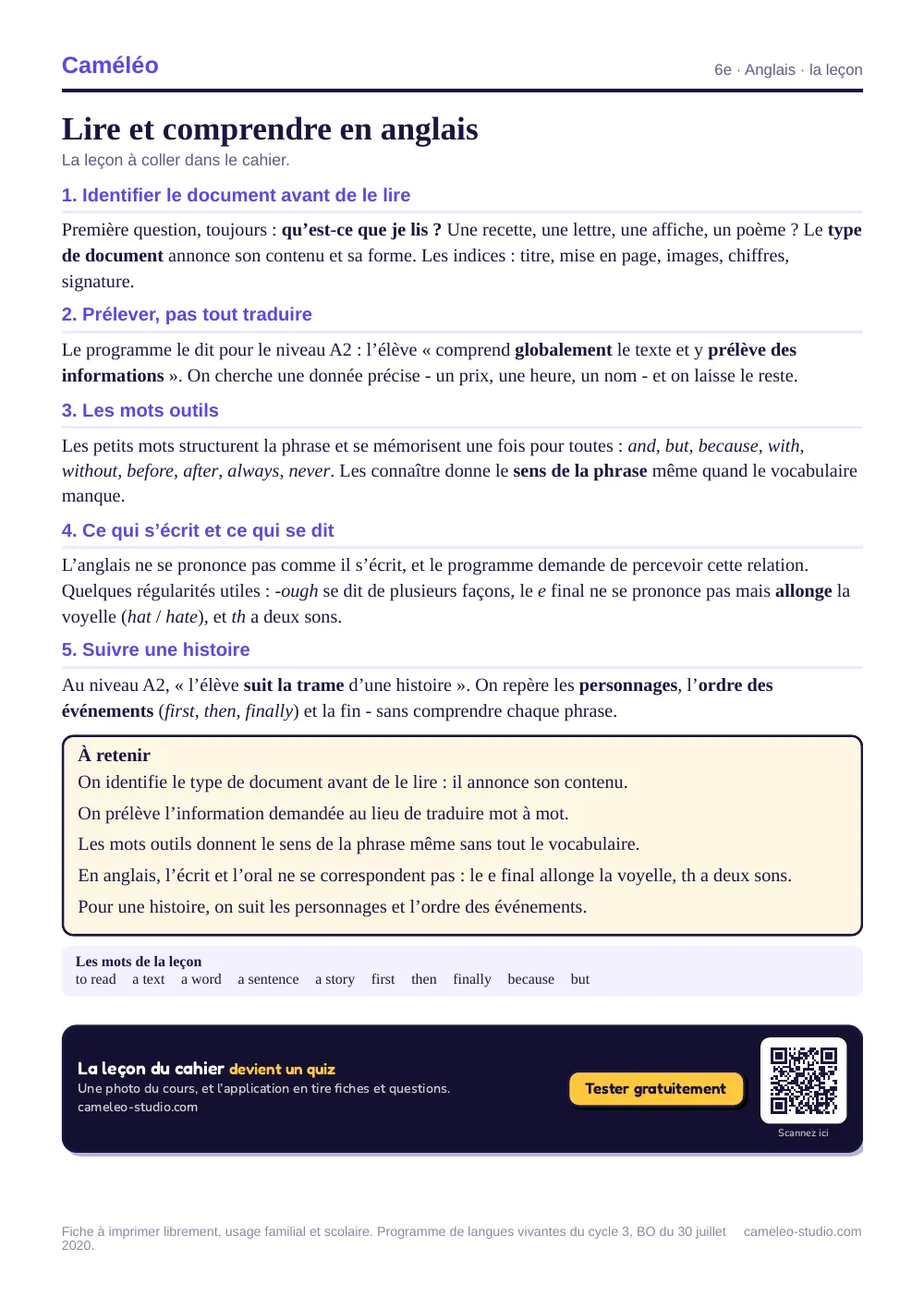 La leçon à imprimer : La leçon à coller dans le cahier, 6e