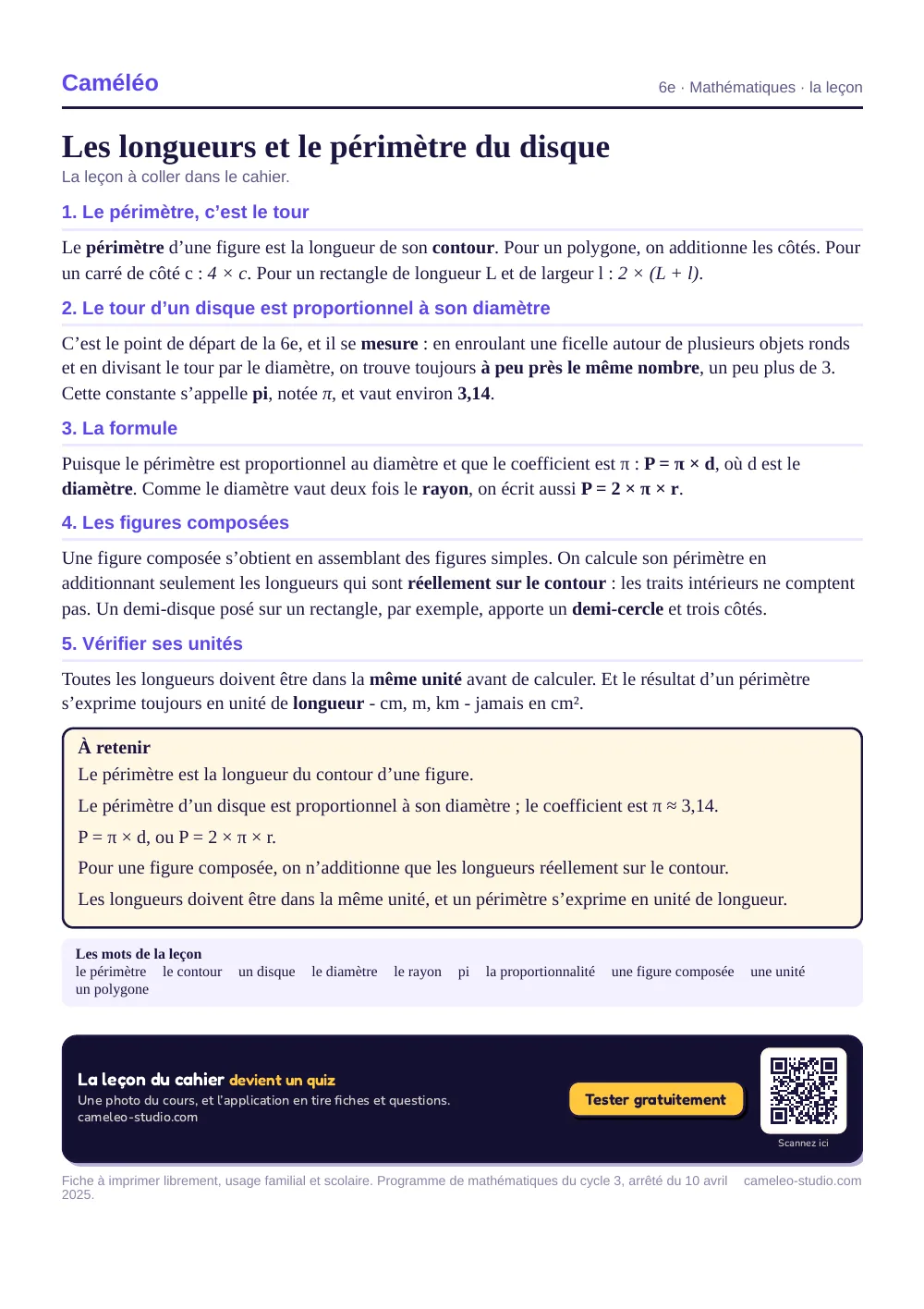 La leçon à imprimer : La leçon à coller dans le cahier, 6e