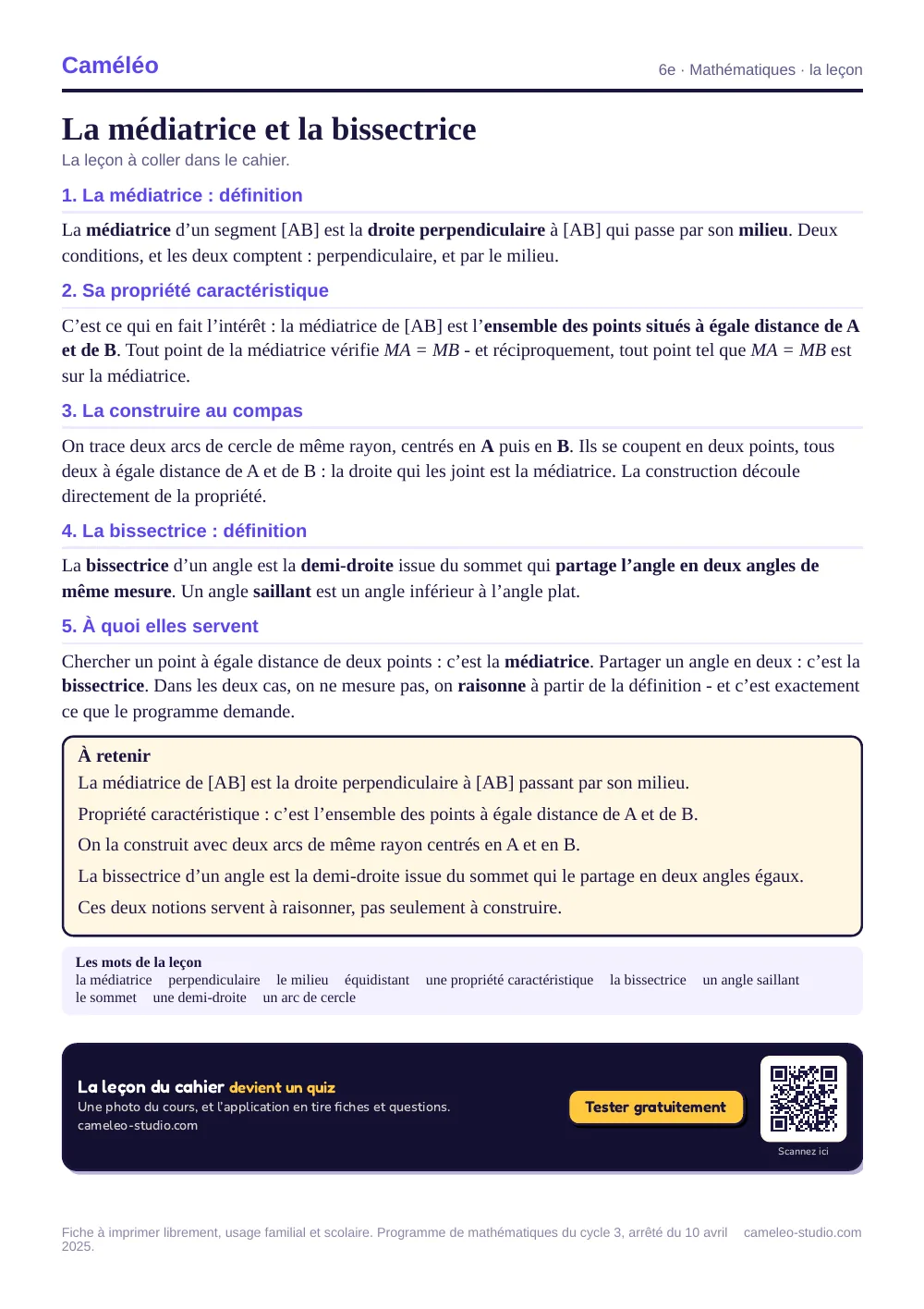 La leçon à imprimer : La leçon à coller dans le cahier, 6e