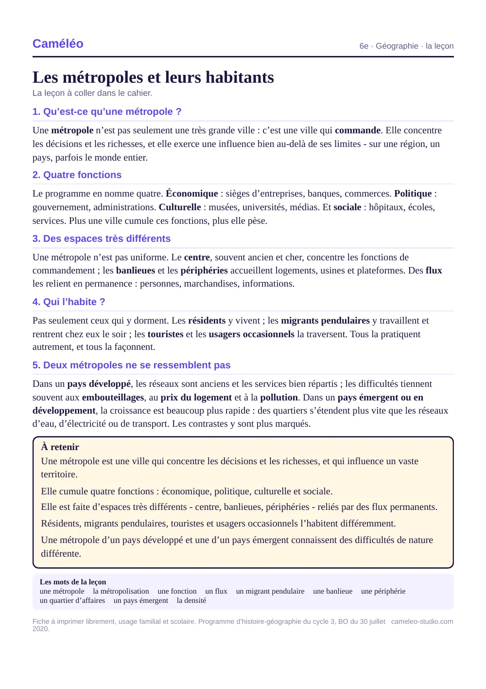 La leçon à imprimer : La leçon à coller dans le cahier, 6e
