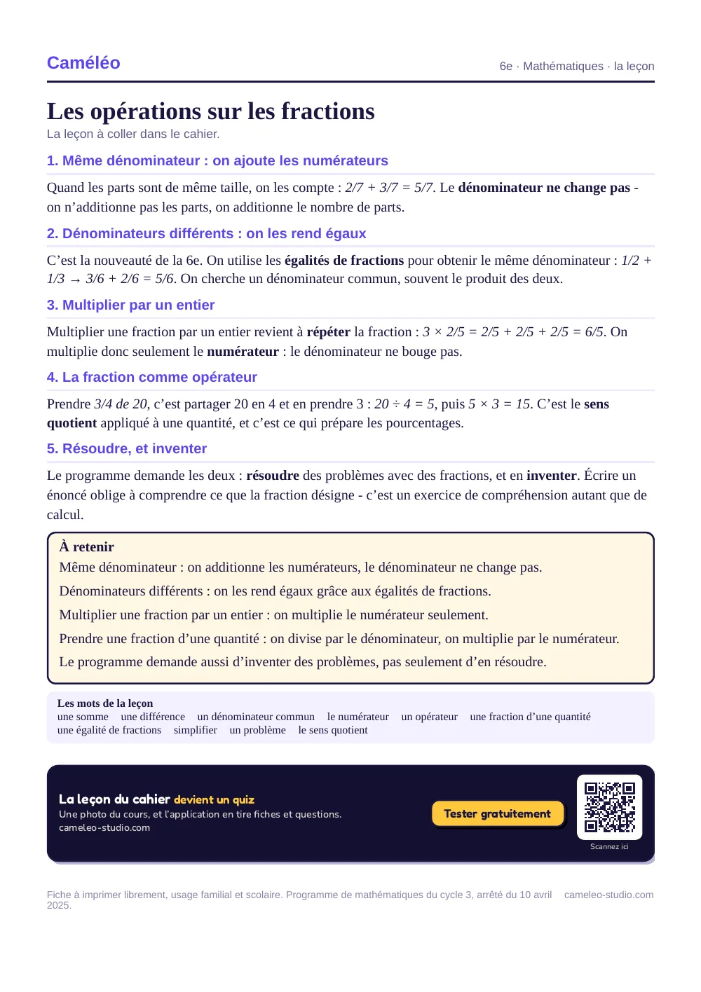 La leçon à imprimer : La leçon à coller dans le cahier, 6e