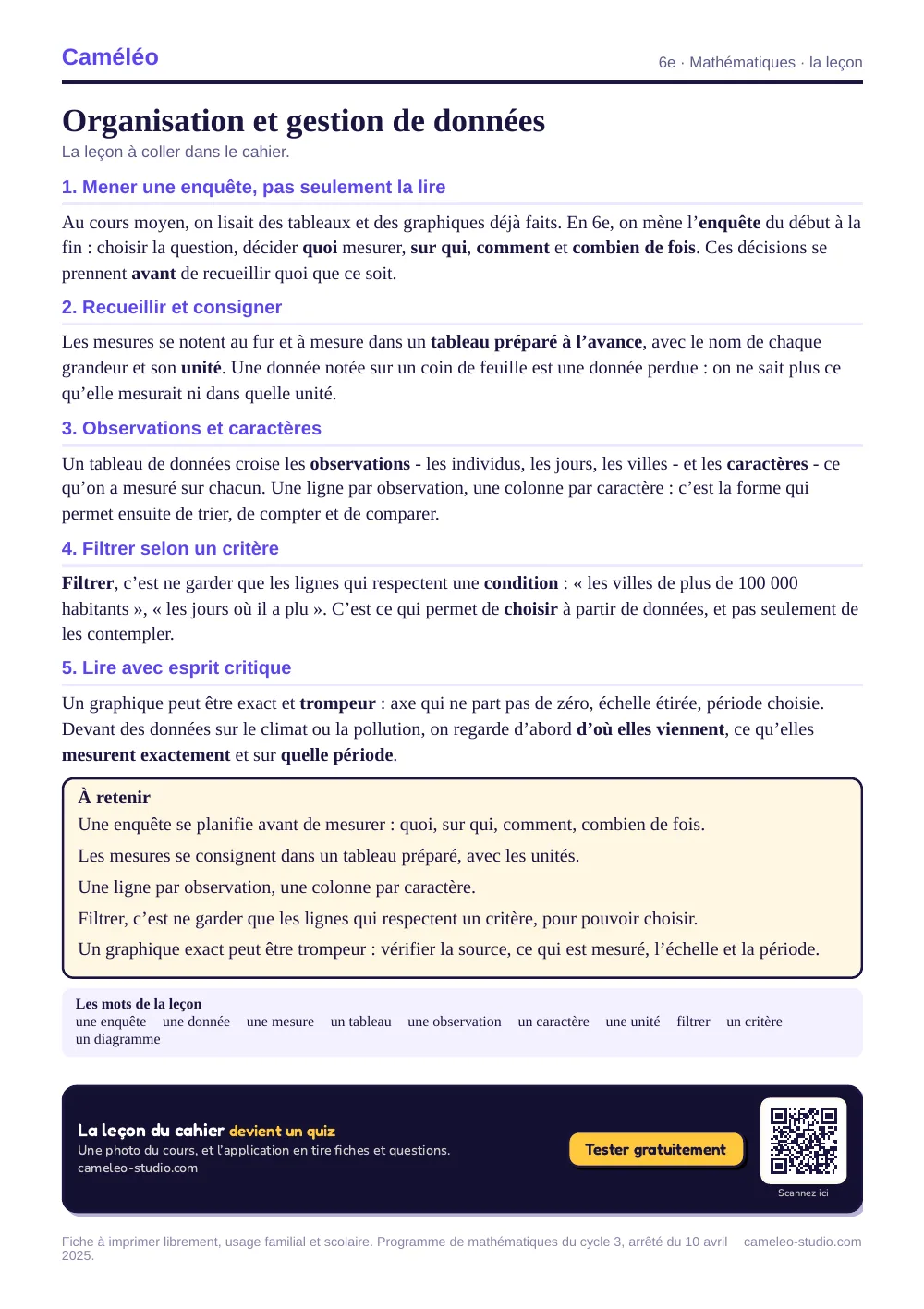 La leçon à imprimer : La leçon à coller dans le cahier, 6e